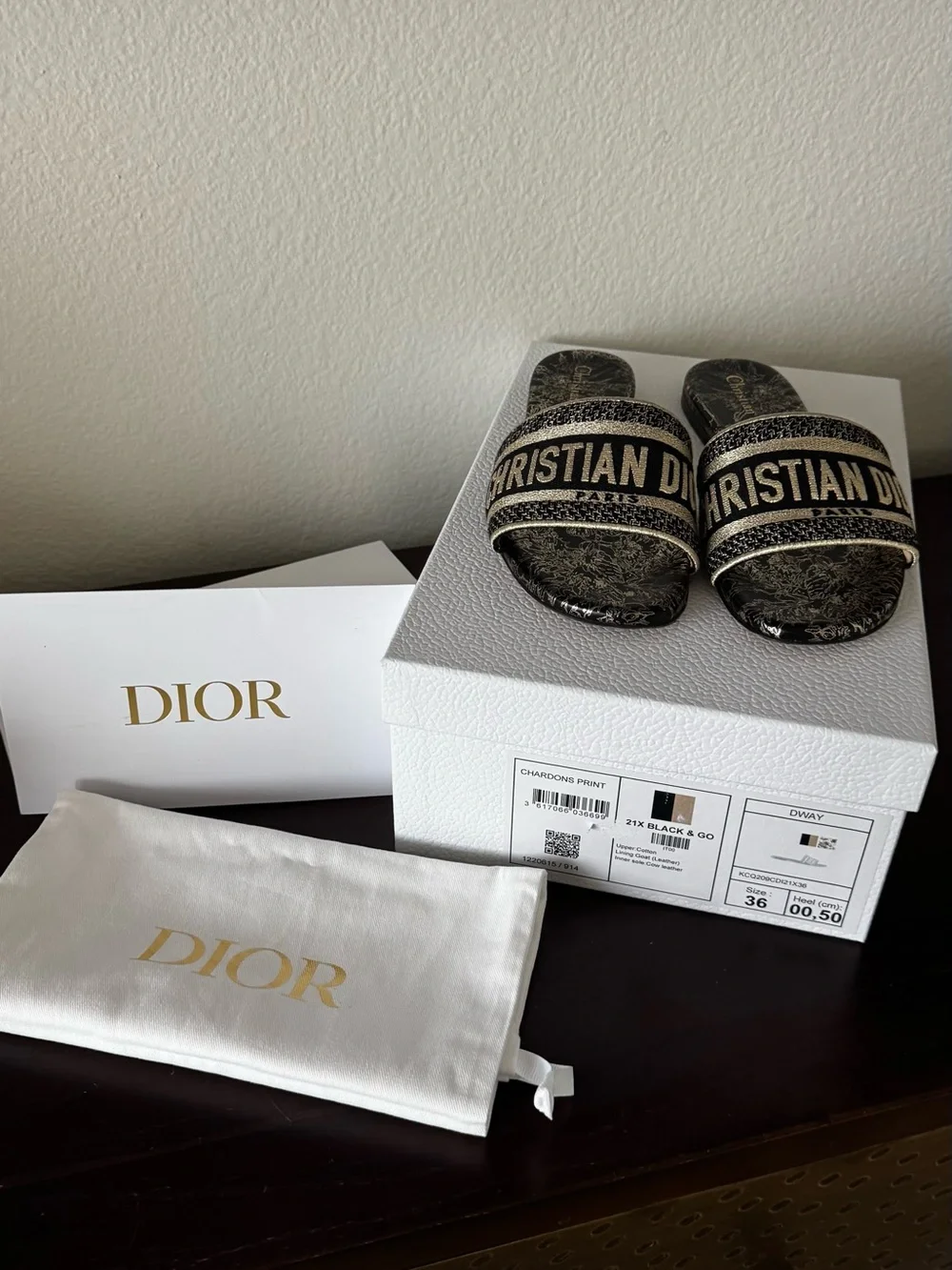 Dior Black and Gold Christian Dior Logo Slide Sandals